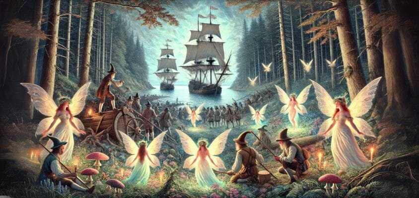 Artists impression of Europeans arriving in North America and the mythologies that came with them