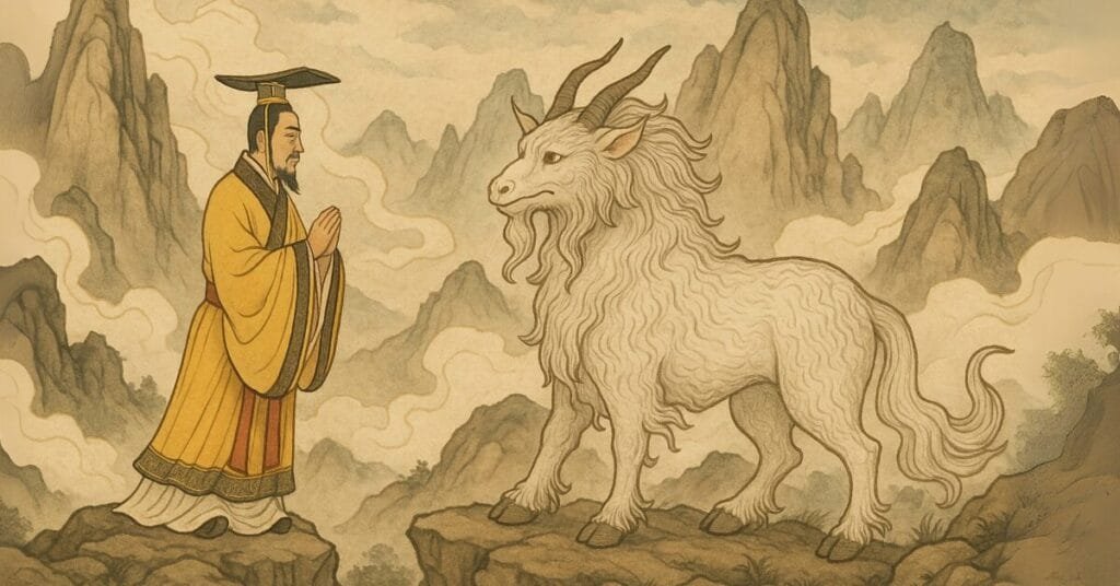 The Yellow Emperor (Huang Di) encountering Bai Ze on a mountaintop near the Eastern Sea