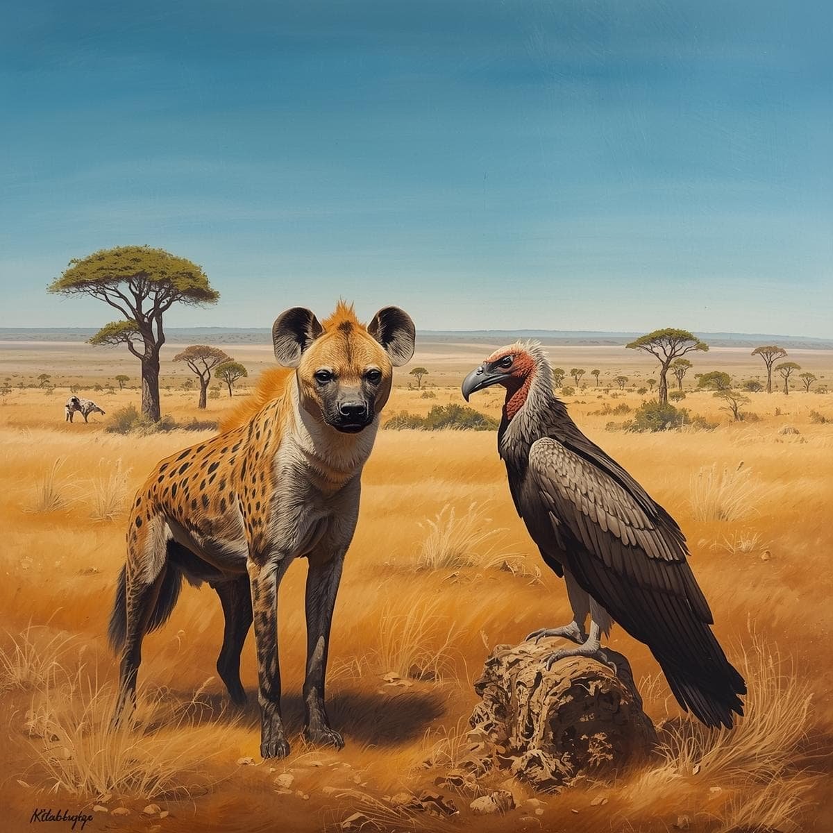 A hyena and vulture in the african savannah