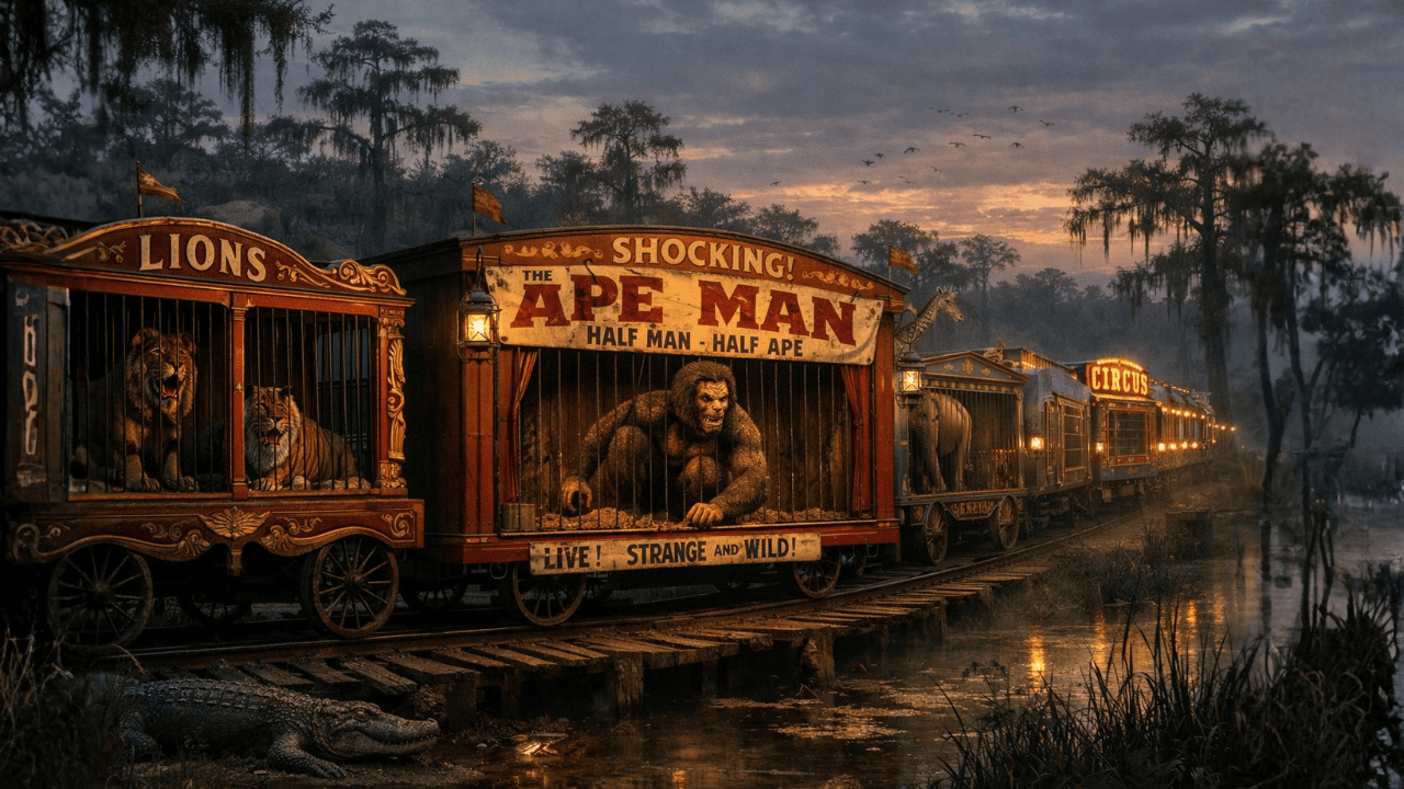 Circus train derailment with escaped ape man