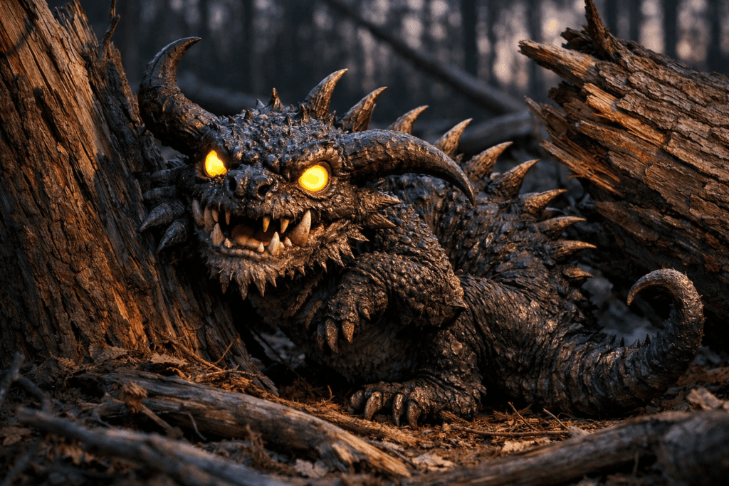 the hodag in between felled trees
