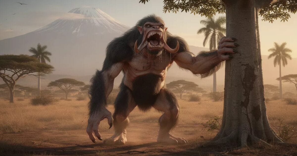 Zimwi Swahili Ogre in front of Mount Kilimanjaro