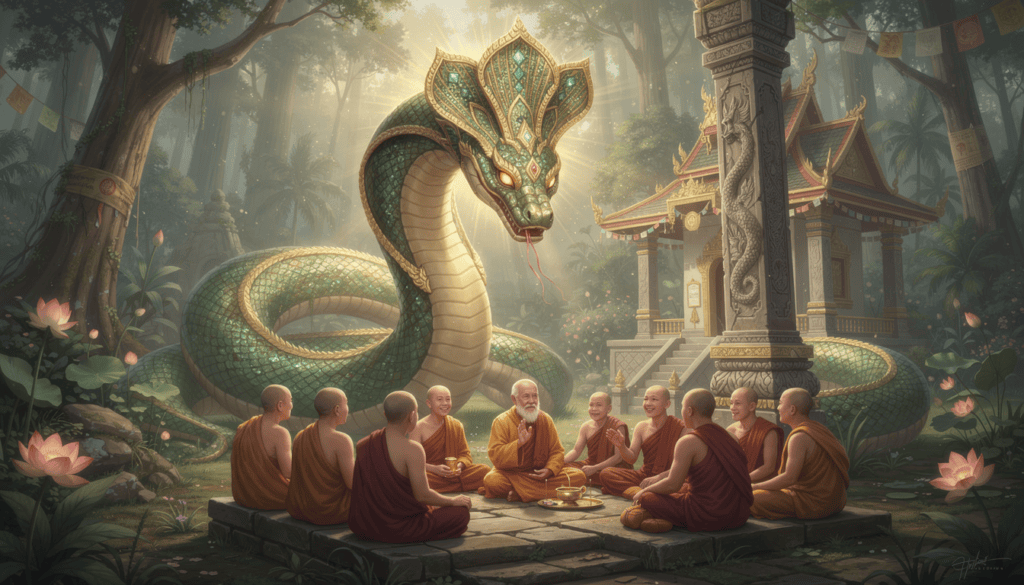 The Naga Nanda, (Upananda) who interact with monks, receive teachings, or offer protection