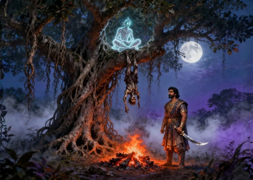 In this image we see the two forms of the Vetala in the Banyan - the corpse and the spirit that will reanimate it