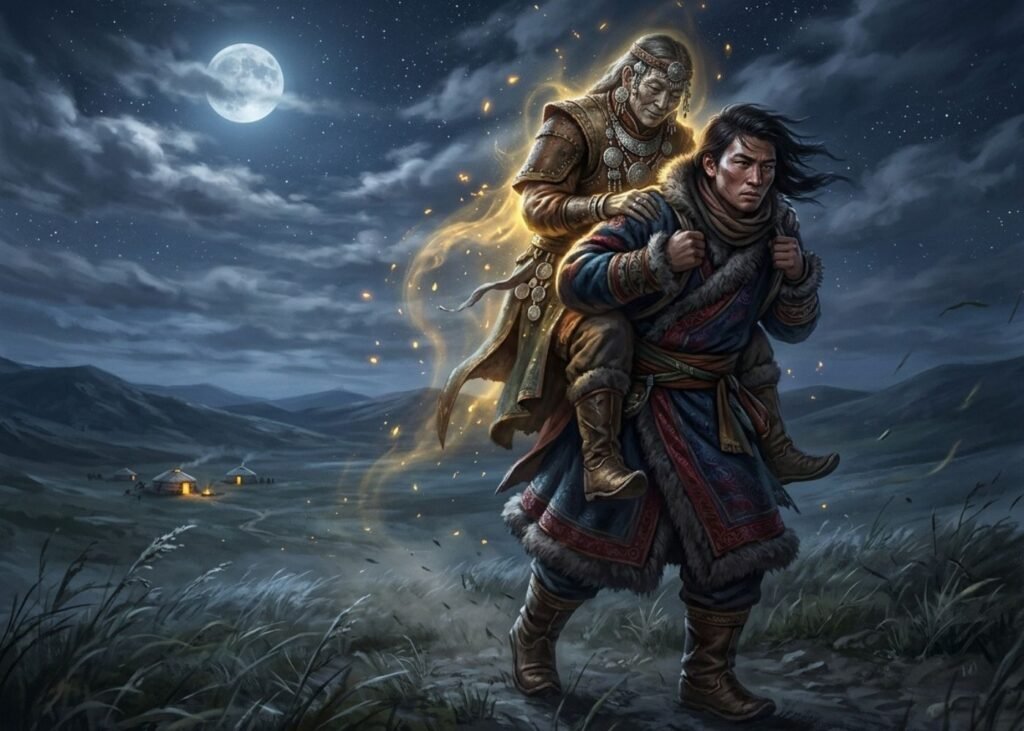 The prince carries the Siddhi Kür on his back while the creature tells him riddles